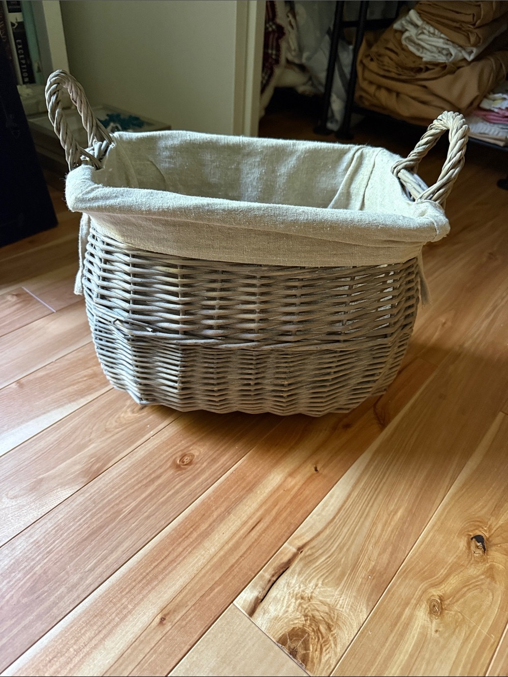 Woven Storage Basket with Beige Linen Liner